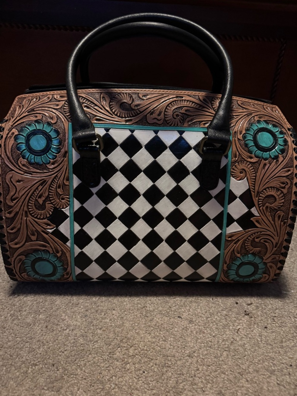 Western Linen “Large” Black/White/Brown/Teal Speedy. Genuine Leather -New